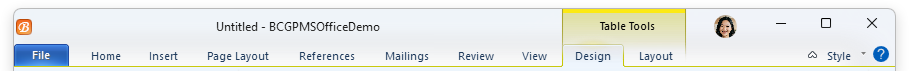 The ribbon caption bar with the system icon, custom control and contextual tabs caption: