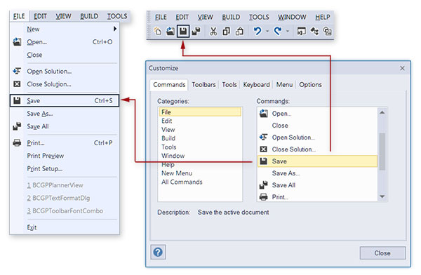 Figure 1: user can drag toolbar button/menu item  between toolbars/menus: