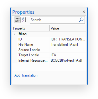 BCGSoft Translator: 'Properties' pane
