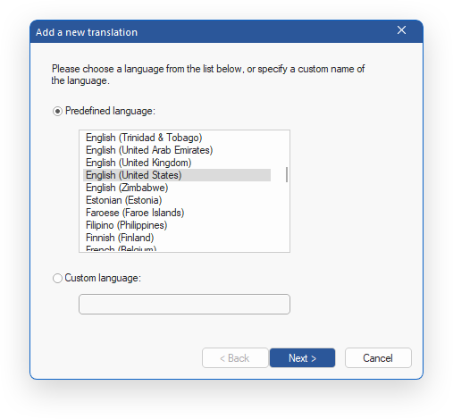 BCGSoft Translator: Add new translation dialog. Step 2