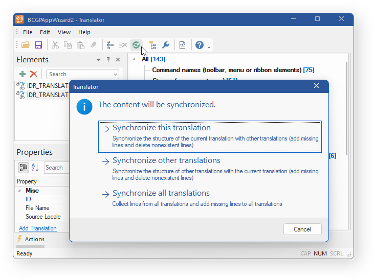BCGSoft Translator: 'Synchronize' dialog