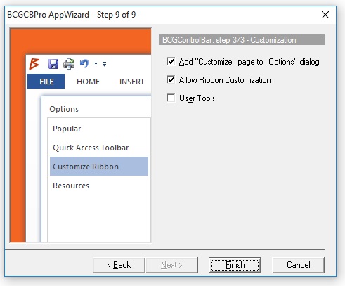 BCGControlBar Application Wizard for Visual C++ 6.0: Ribbon customize options