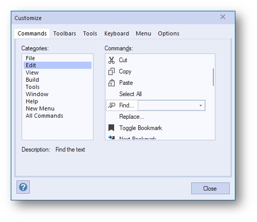 "Commands" tab: user can drag a command and drop it into any toolbar/menu: