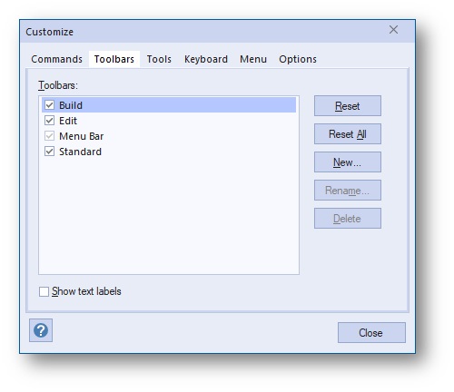 "Toolbars" tab: organize your toolbars quickly: