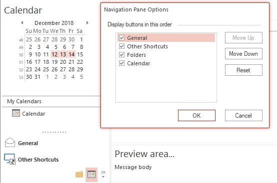Microsoft Outlook-style bar with customization dialog: