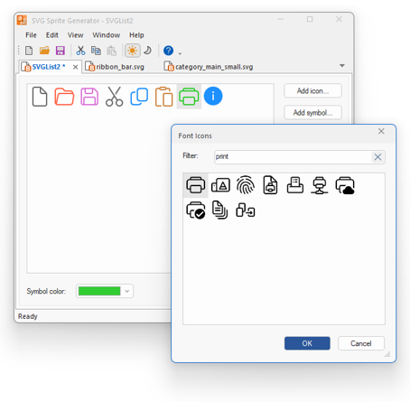 BCGSoft SVG Sprite Generator: font icons dialog