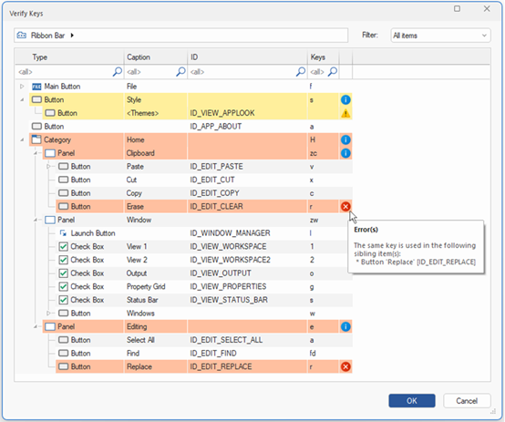 BCGSoft Ribbon Designer: verify keys