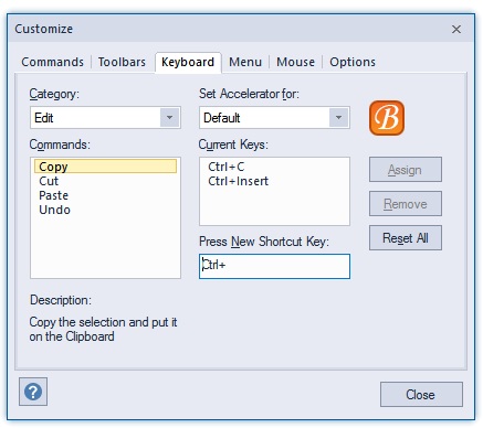BCGControlBar: keyboard shortcusts customization